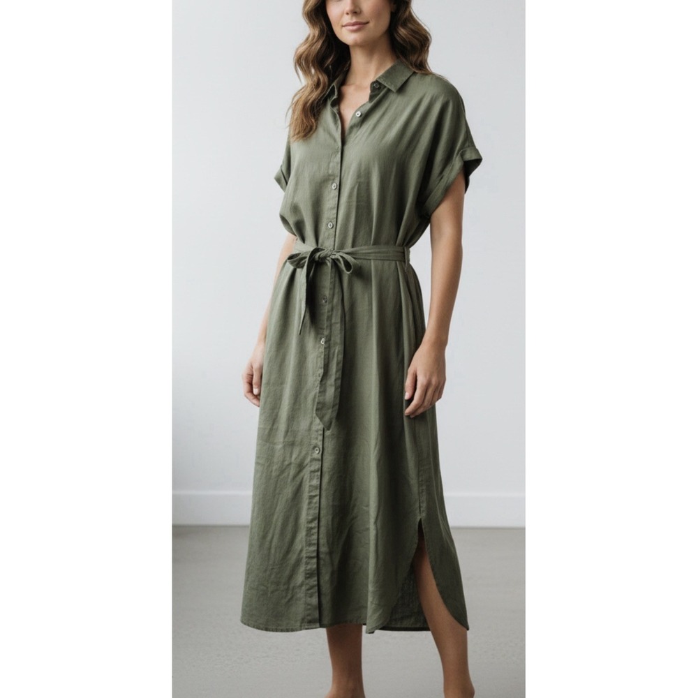 Tommy Bahama Green Linen Blend Button Shirt Dress L Tie Waist Utility Neutral
